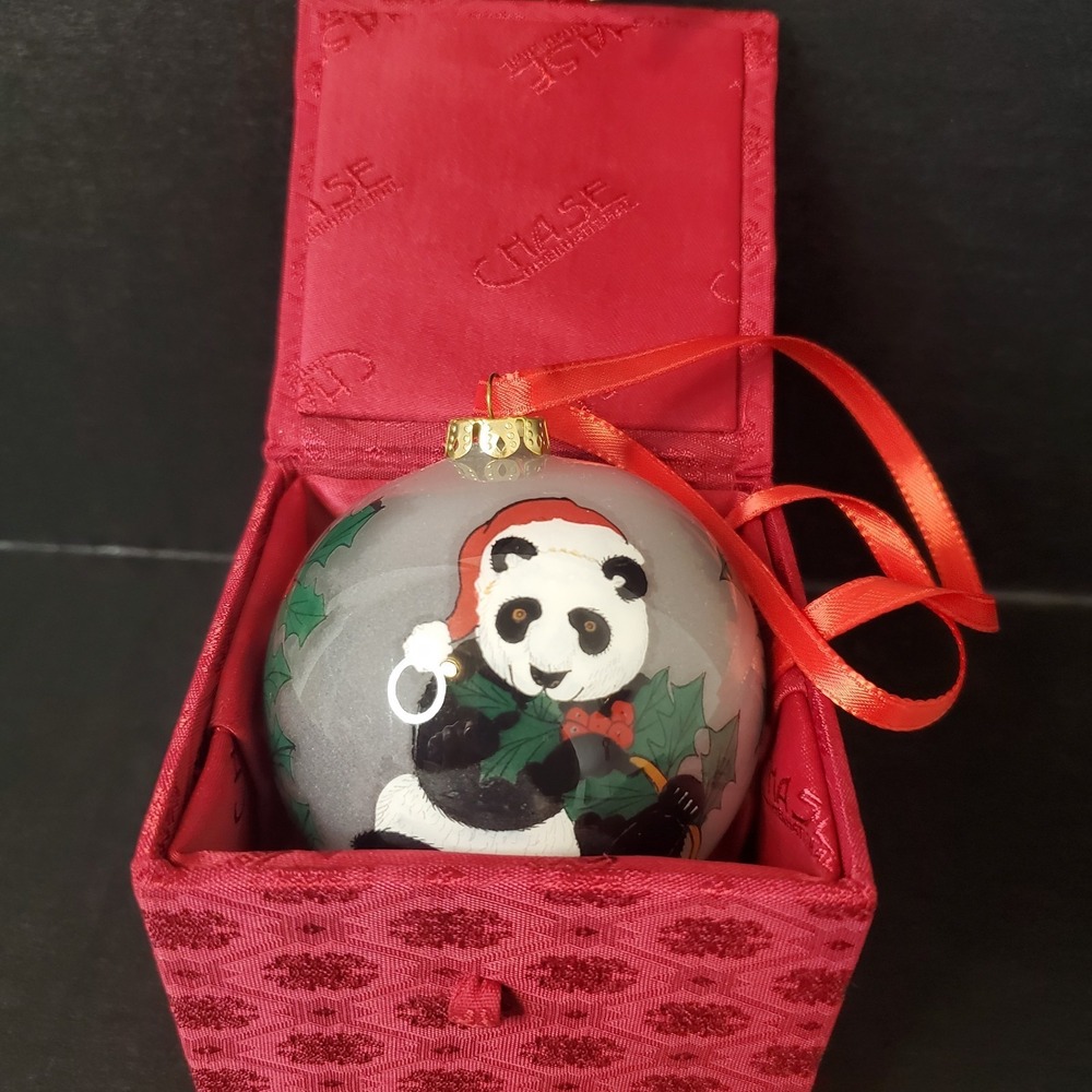 Figi Inside Art Glass Christmas Ornament Hand Painted Panda‎ Bear & Holly W/ Box